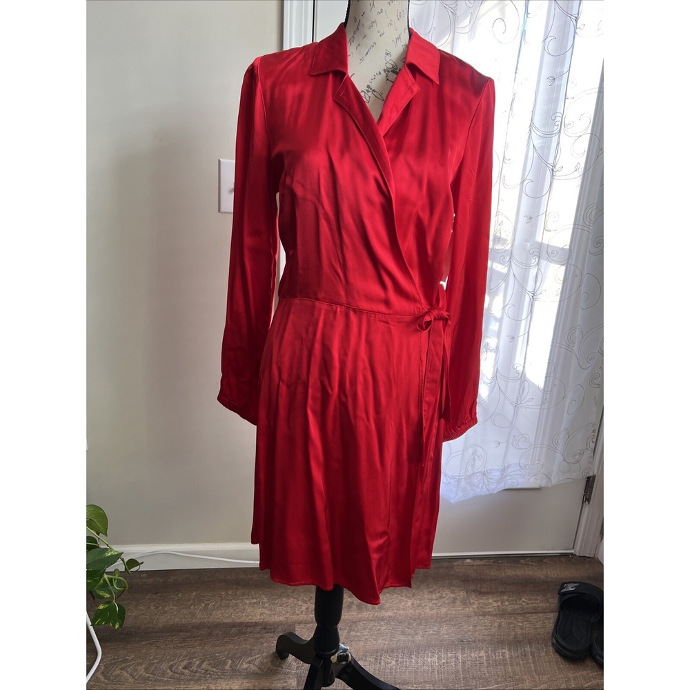 Cloth & Stone Satin Collared V-Neck Wrap Front Mini‎ Dress Red Medium Date READ